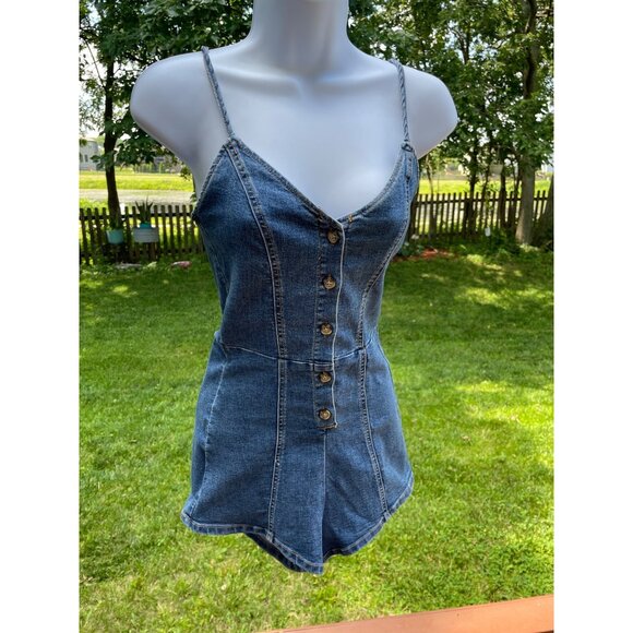 H&M Divided Denim Button-Front Romper With Spaghetti Straps - Picture 1 of 6